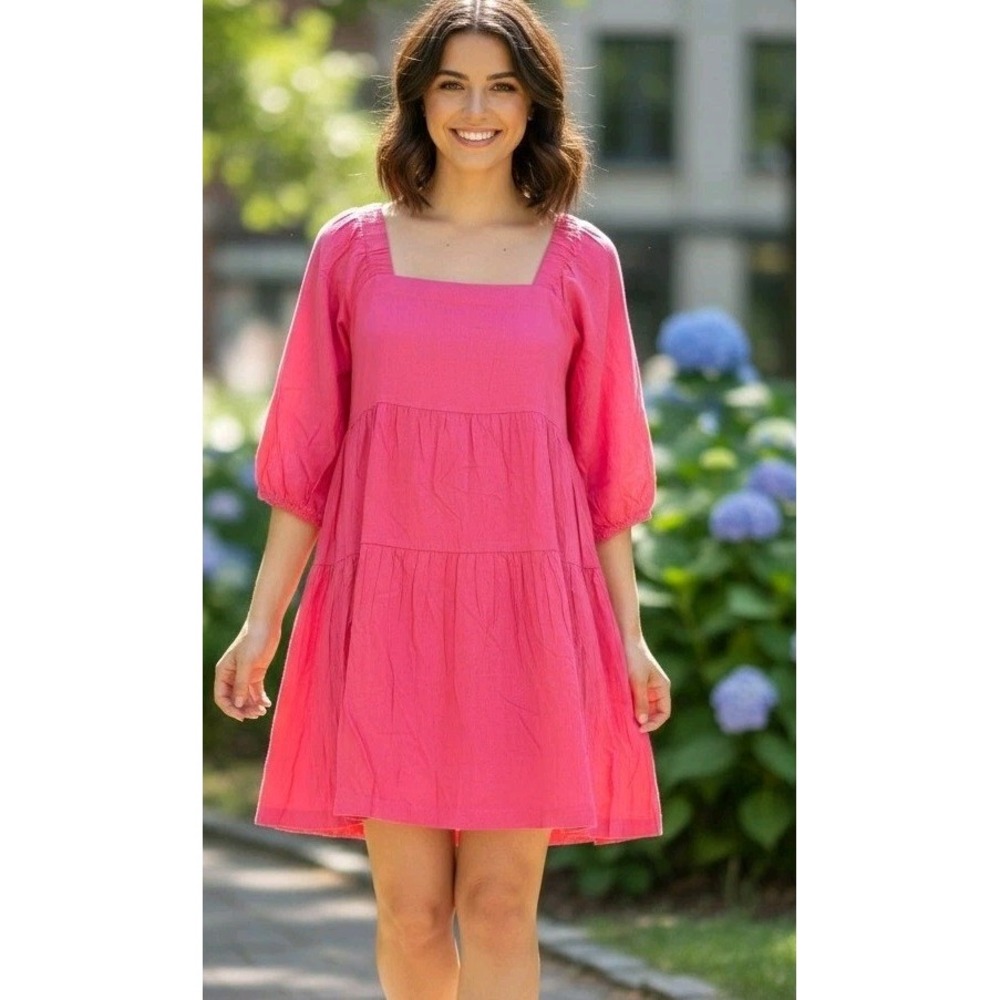 Beyond Words Mini Dress Womens Sz XS Pink Square Neck Tiered Babydoll Minimalist